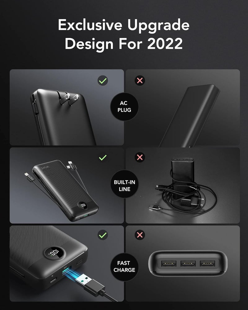 VRURC Portable Charger 20000mAh, Fast Charging Power Bank USB C,4 Output 2 Input Travel Essentials Charging Bank Equipped with LED Display,Built-in Wall Plug and Cables,Phone Charger Battery,Black - Image 5